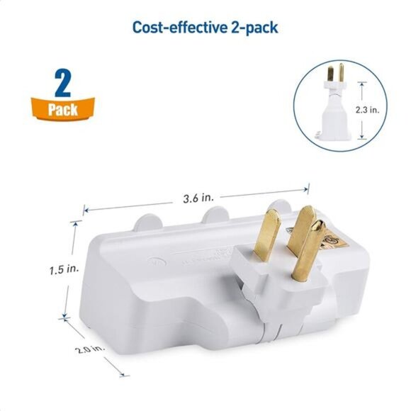Cable Matters 2-Pack 3 Outlet Grounded 180 Degree Swivel Wall Tap in White - Picture 7 of 8